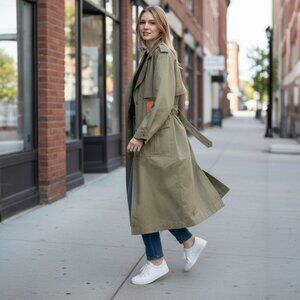 Together Military Green Leather Detail Long Duster Trench Style Coat Size 10